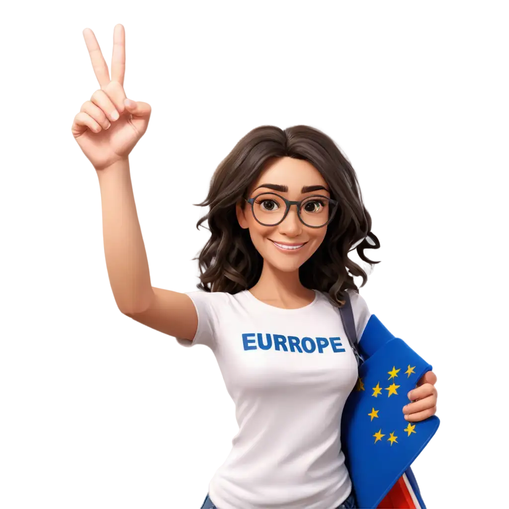 a woman who explores europe has a european union in her hand and a tshirt that says we are europe on it, glasses, medium hair and a big smile. has to be an animation character