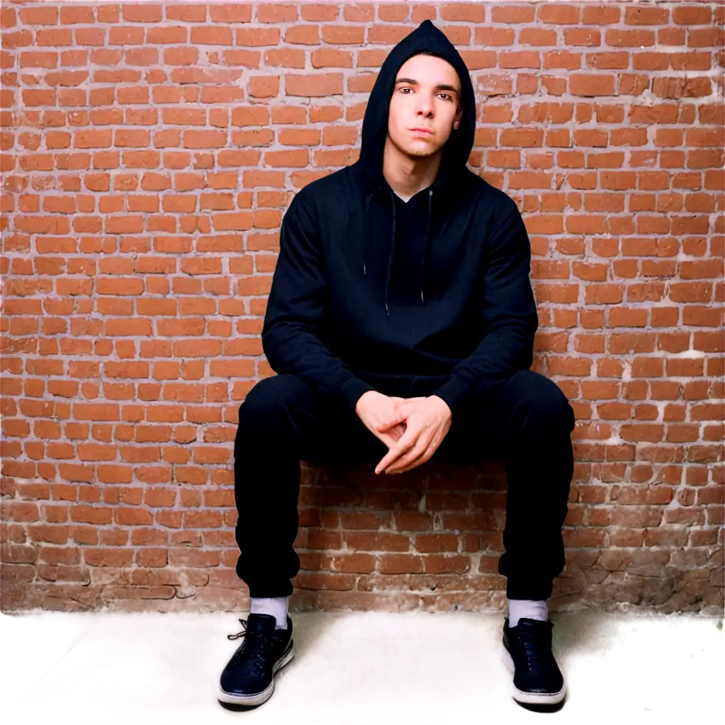 PNG-Image-of-White-Gangster-Rapper-in-Black-Hoodie-Sitting-on-Brick-Wall-Urban-Style-and-Attitude