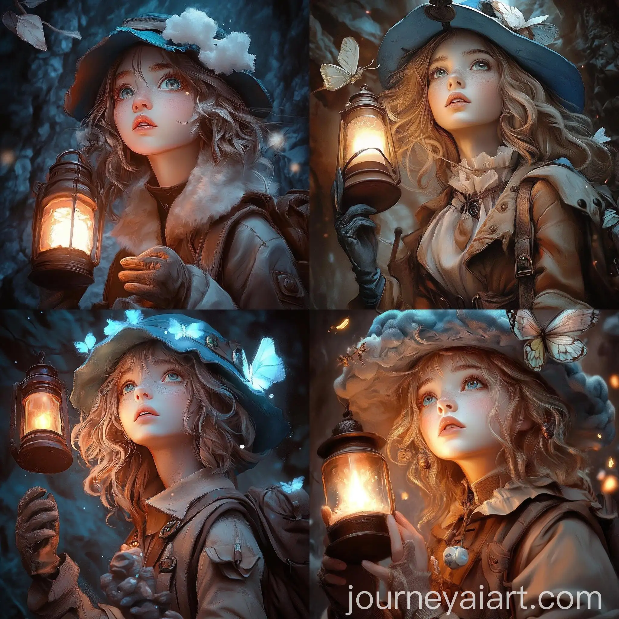 Serious-Girl-with-Blue-Hat-and-Lantern-in-Luminous-Cave