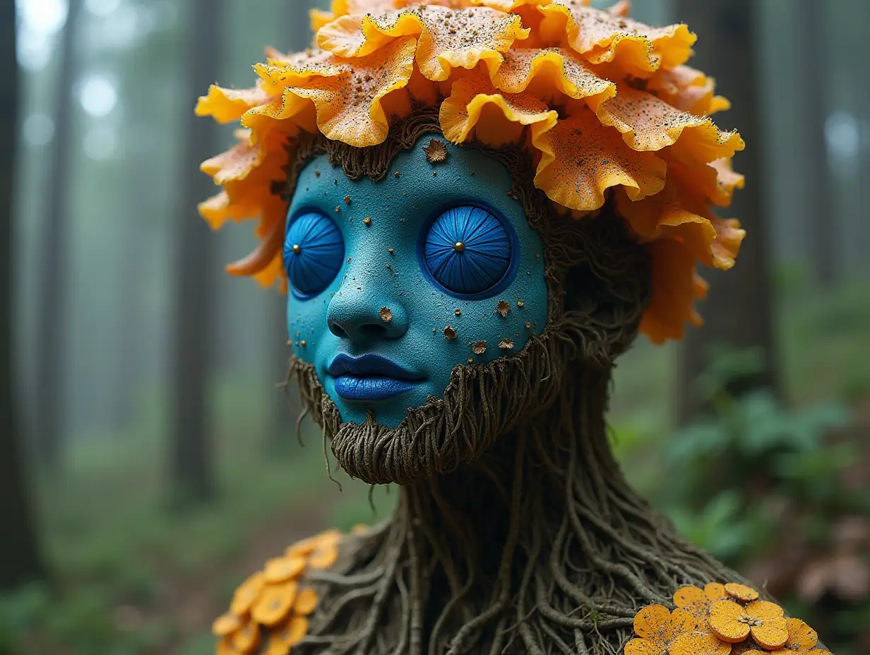 Face with blue Fly AgaricnRoots turned into building full body representation