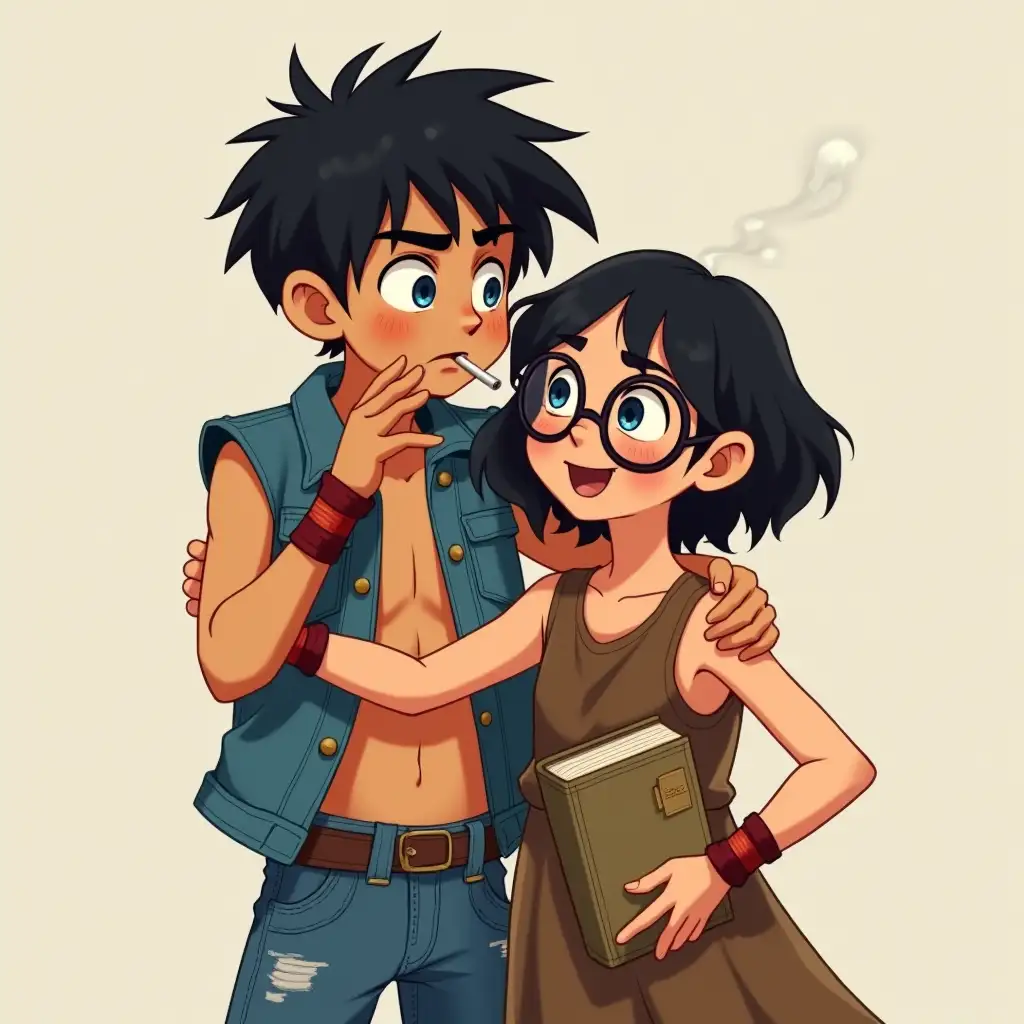 Brother & Sister, children, boy, 12 years old, black hair, blue eyes, shirtless, denim gilet, ripped jeans, wristbands, arm around younger sister in protection, smoking a cigarette, looking annoyed. Sister, 11 years old, dark short hair, glasses, happy, sleeveless dress, holding a book, cheerful