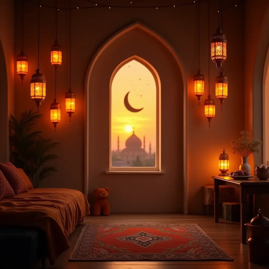 user_prompt: The background: a room with Ramadan decorations, including hanging lanterns and crescent moon lights to create a Ramadan atmosphere.nEmpty: In the middle of the image, an attractive and warm color scheme with definitely necessary and cozy vibes.nLighting: A set of new and orange lighting to give a sense of Ramadan warmth, with a radial light effect coming from the crescent moon window and stars in the sky.nAdditional element: A small table next to it with a Ramadan drink (Indian date or Qamar al-Din) and a plate of dates and a small lamp.