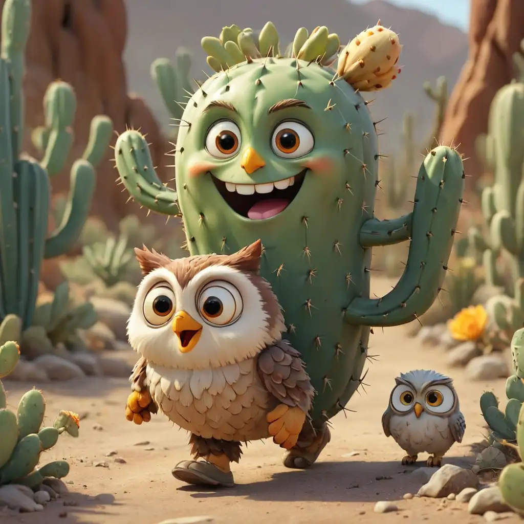 Cheerful Cartoon Cactus Walking with an Owl