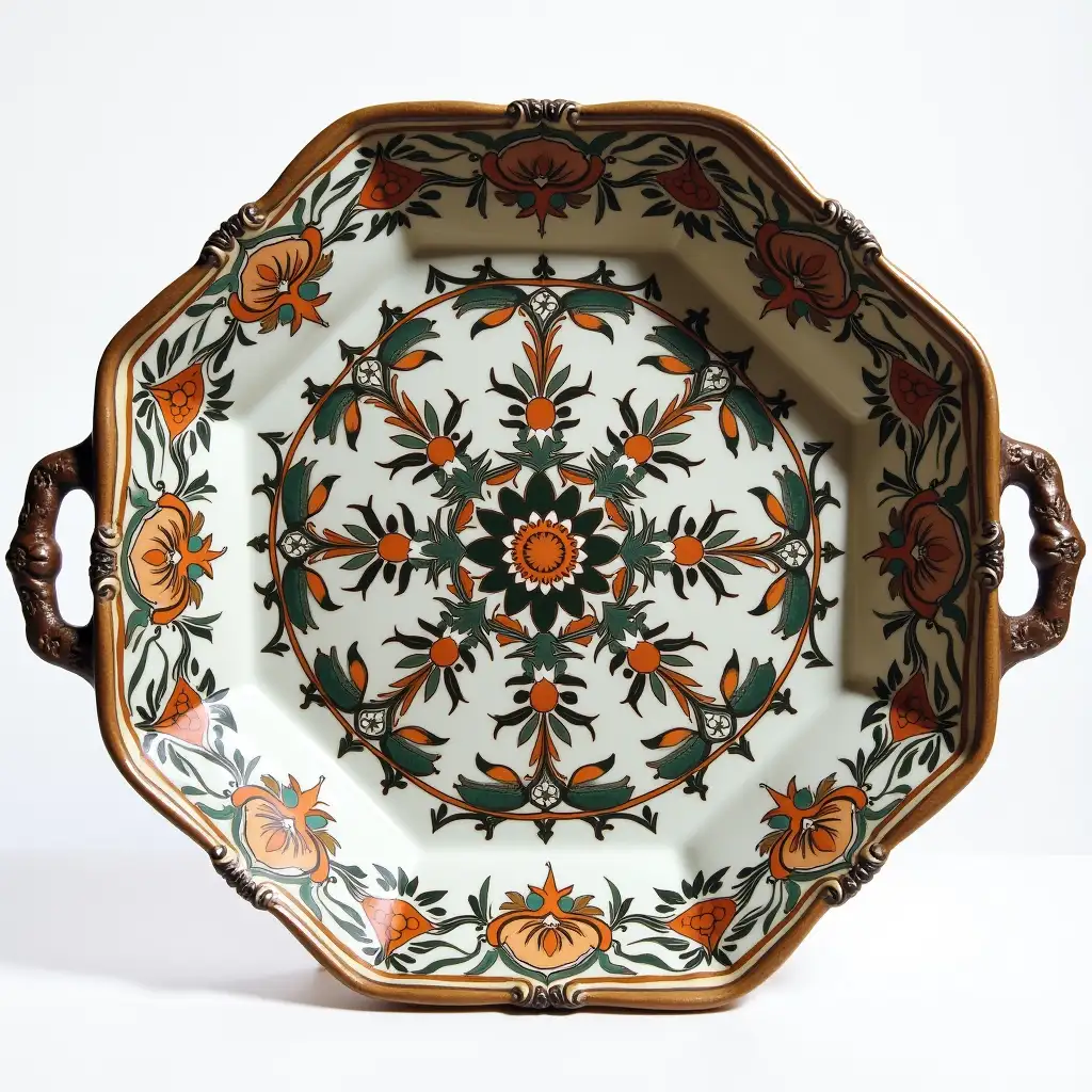 Octagonal with rounded corners ceramic serving dish with embossed beautiful handle, Underglaze painting on white body, Fine art, Hyper detailed, Antique and old, Qajar art, Iranian Tabriz carpet design