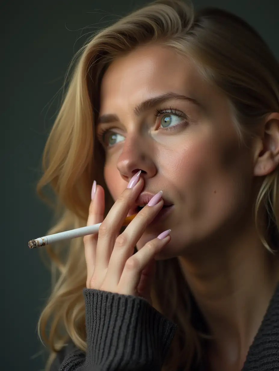 Blonde woman, 40 years old, smoking cigarette.