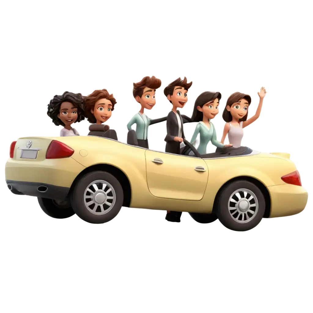 Cartoon-Style-PNG-Image-of-a-Woman-Driving-Away-in-a-Convertible-with-Friends-Waving-Goodbye