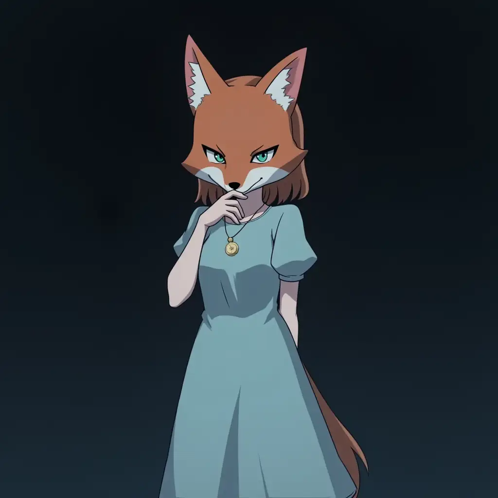 A girl in a light blue dress. She is wearing a mask of a fox. She is thinking with her hand under her chin. The picture is dark. Anime style.