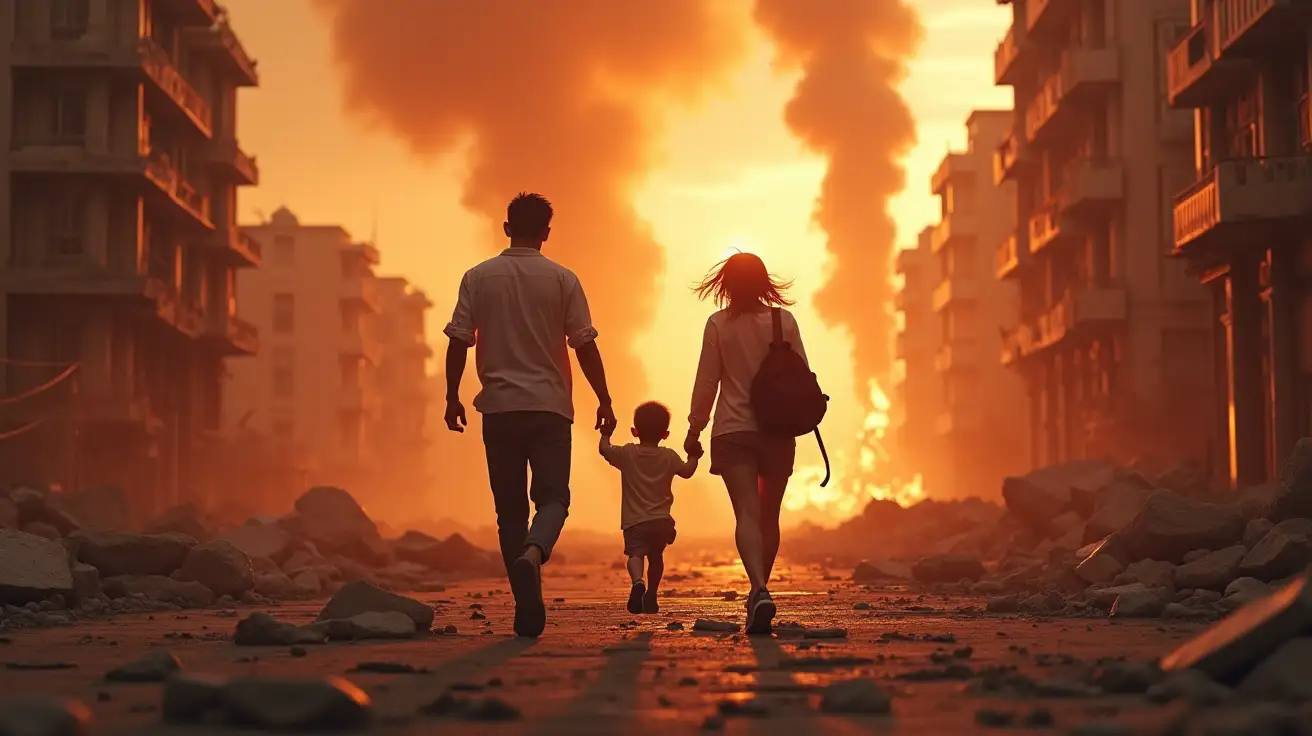 A hyper-realistic, highly detailed scene of a family running together through a devastated urban landscape. The father leads, holding the hand of a small child, while the mother follows, clutching a backpack. Their faces show a mix of terror and determination. The environment features collapsing buildings, fiery explosions, and swirling clouds of ash and dust. The ground is cracked and littered with debris, and the sky glows with an ominous orange-red hue. The atmosphere is emotional and chaotic, emphasizing themes of protection and survival.