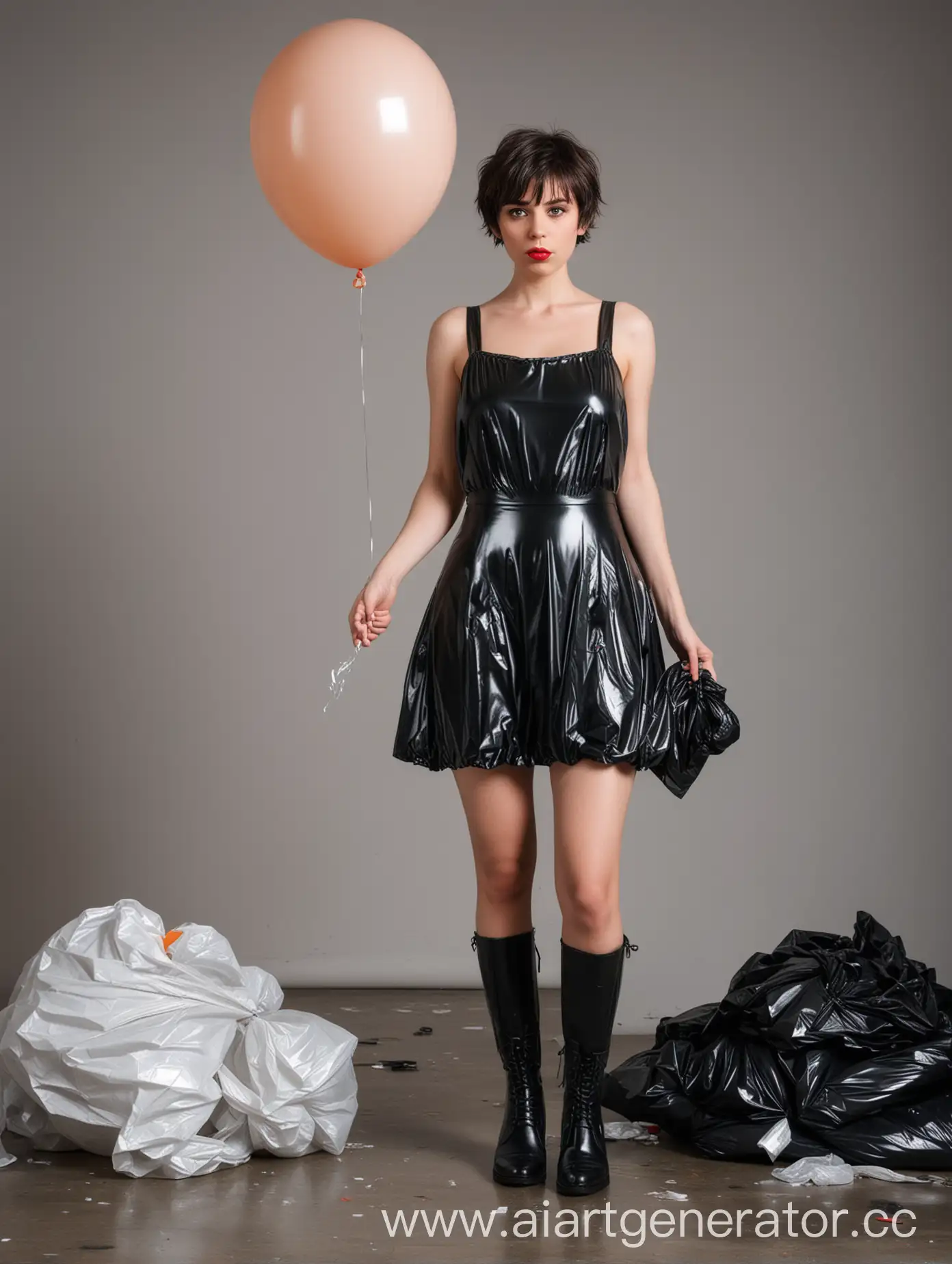 Girl-with-Balloon-in-Black-Latex-Dress-and-Boots-in-an-Office-Setting