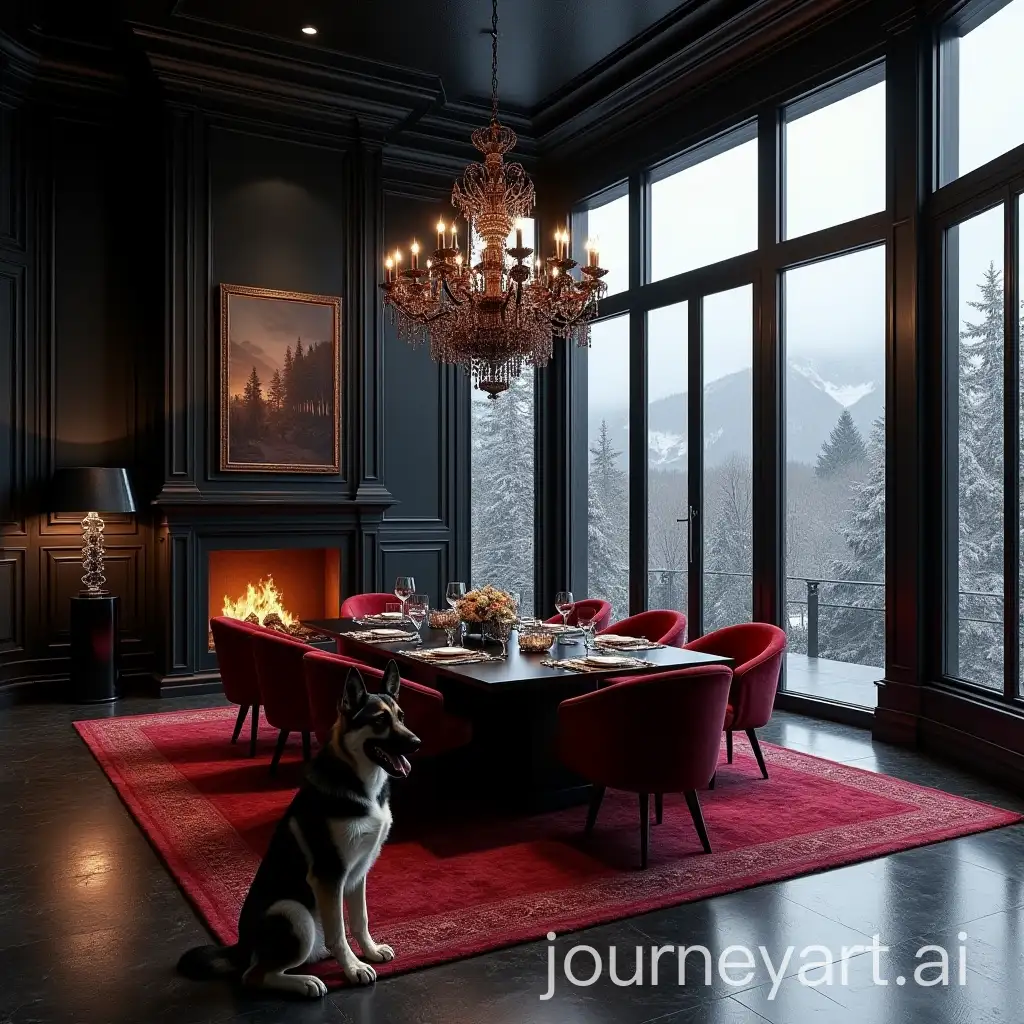 Luxurious-Mansion-Living-Room-with-Velvet-Dining-Table-and-German-Shepherd