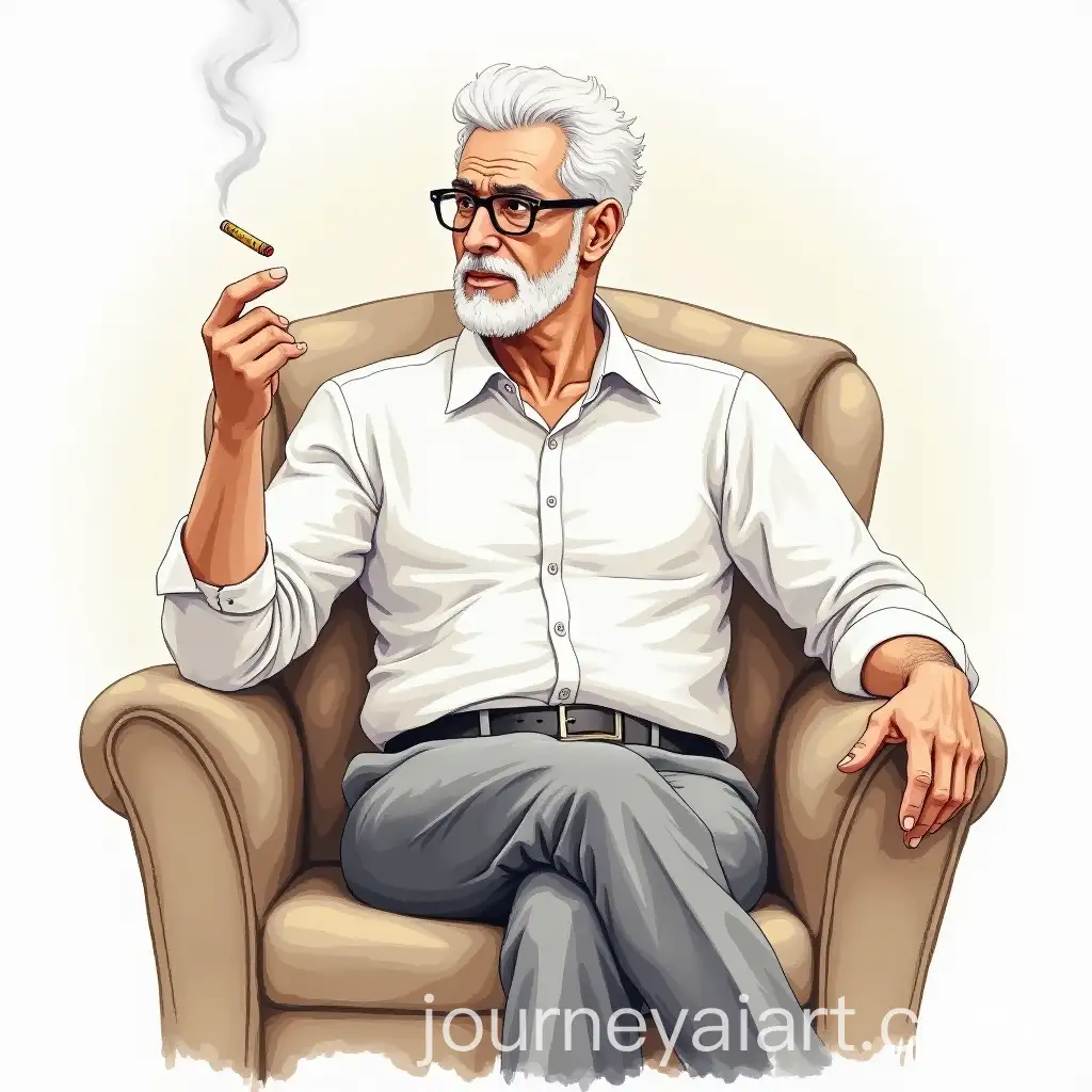 Mature-Man-with-Glasses-Sitting-in-Chair-Holding-a-Cigarette-in-Watercolor-Style