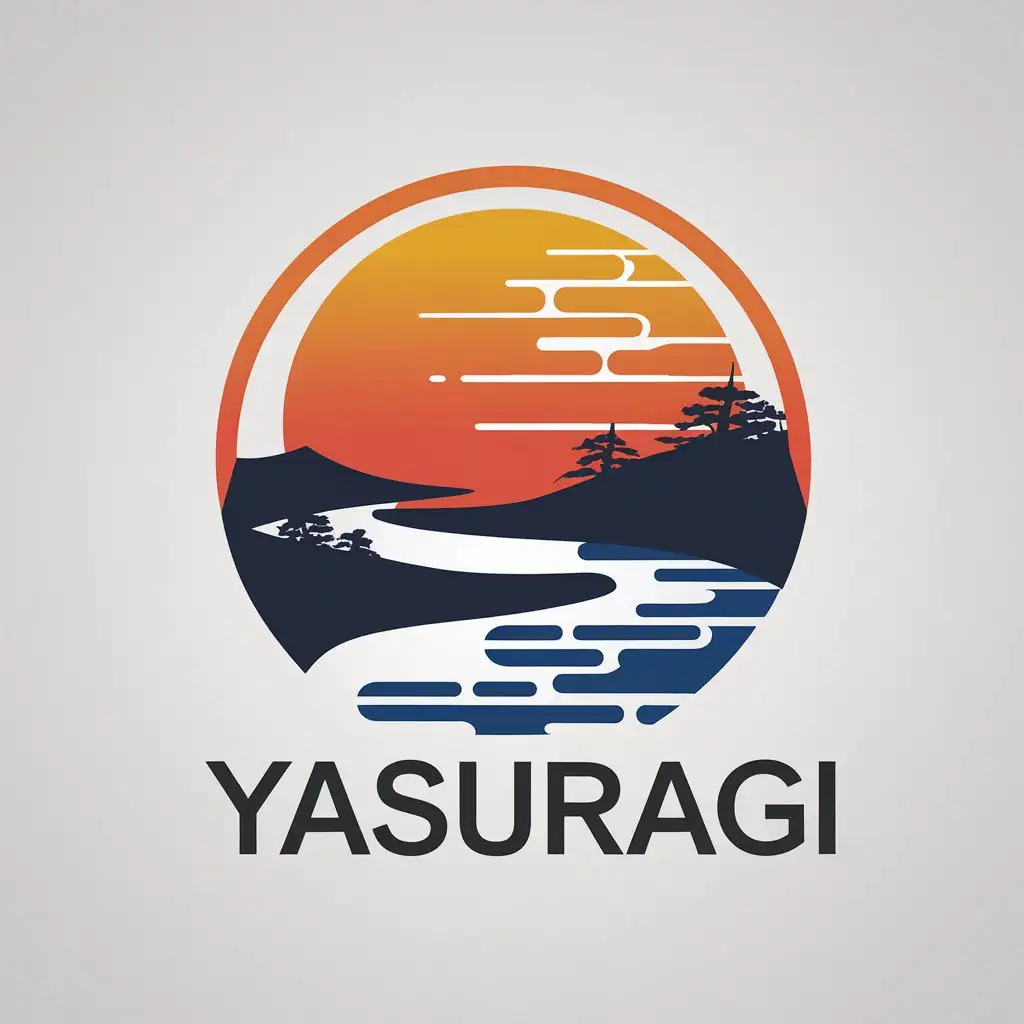 a vector logo design,with the text "YASURAGI", main symbol:japanese sunset with river,Moderate,clear background