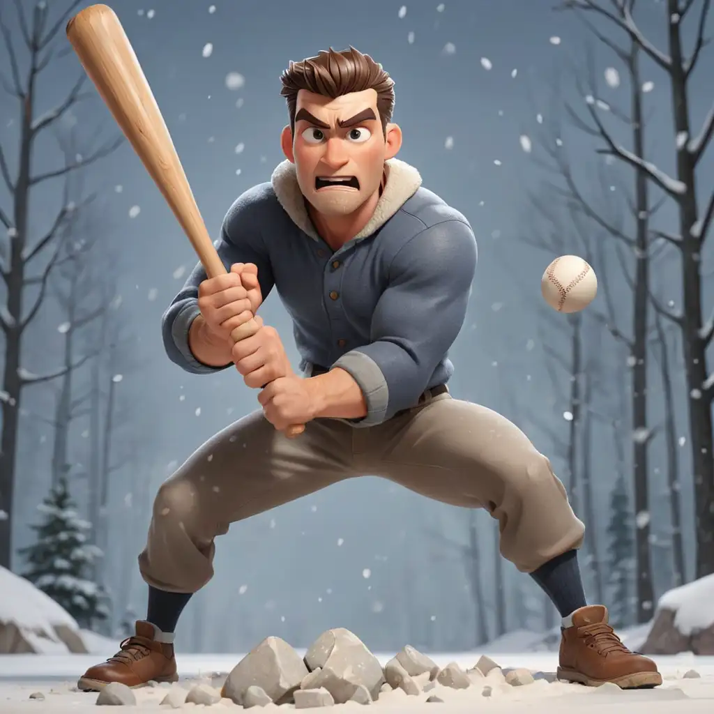 Handsome-Man-Striking-a-Stone-with-Baseball-Bat-in-Snowy-Landscape