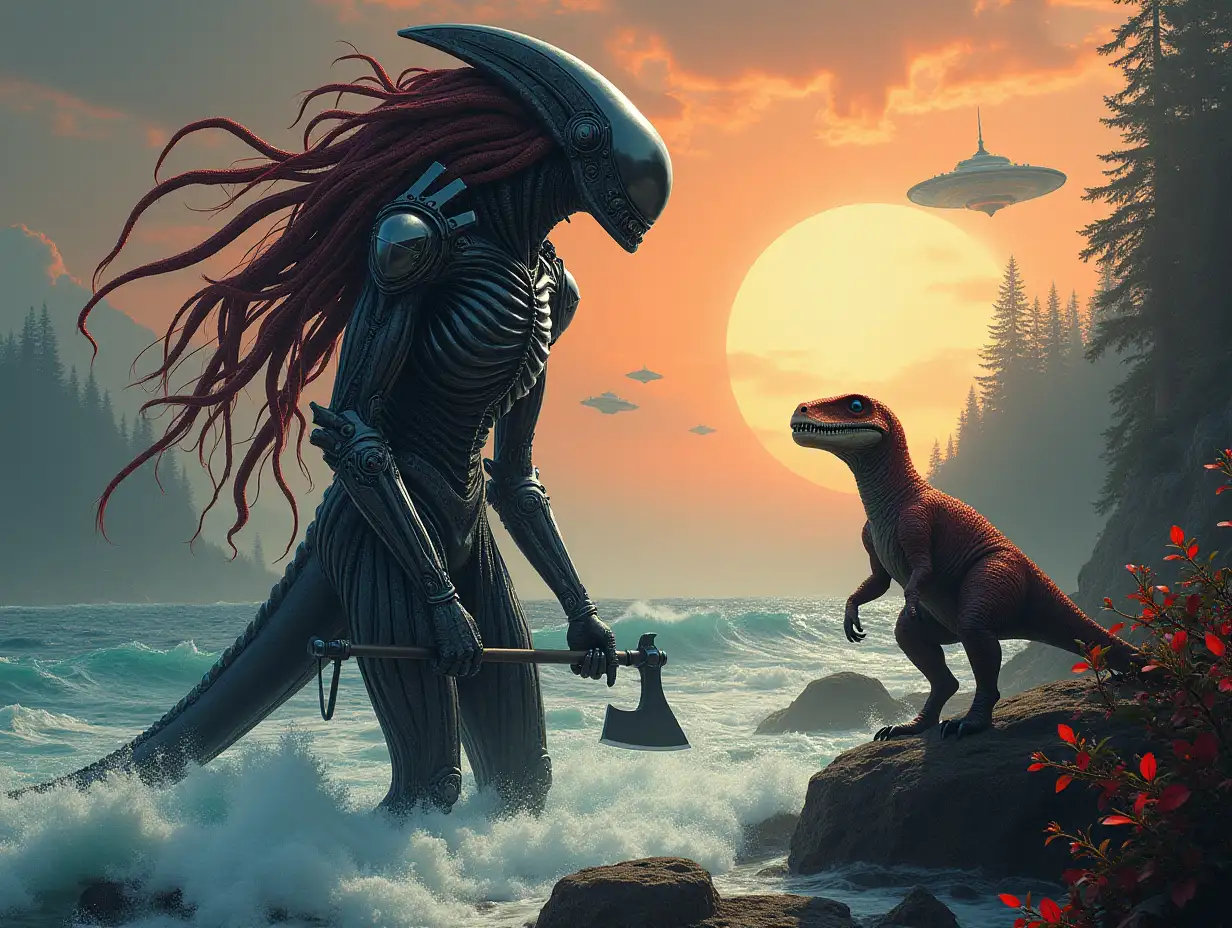 Hyperrealistic portrait of a 15 meter tall metal alien king with black and red metal hair, holding an ax in the sea, before a 5 meter raptor with waves on a rock with plants, in front of a detailed, colorful forested planet with sun and ufo background