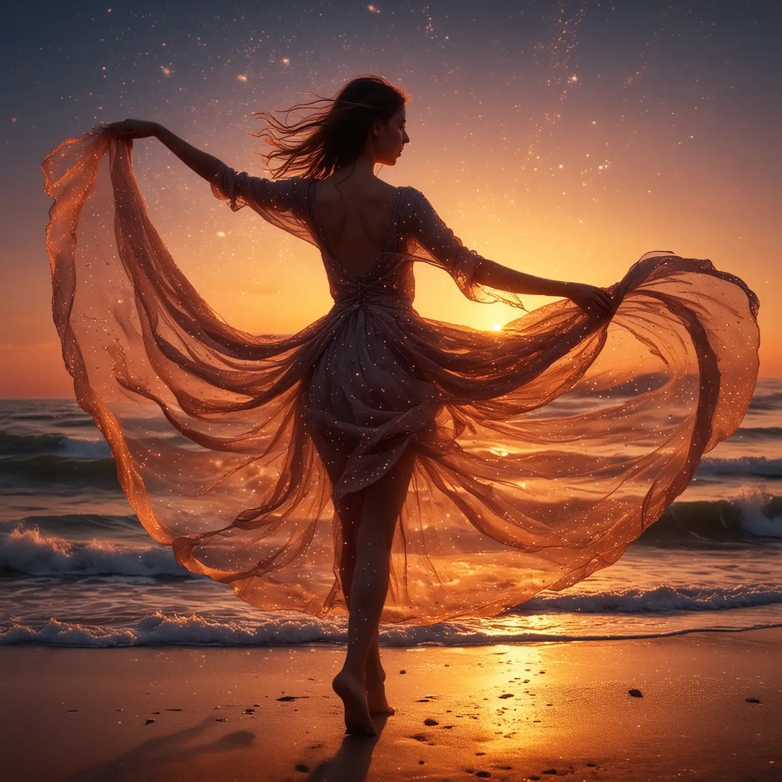 a woman is dancing on the beach at sunset, digital art, by Antoni Brodowski, tumblr, romanticism, wearing a dress made of stars, dlsr photo, beautiful avatar pictures, closeup shot, sundown misty firefly wisps, blog-photo, amazing photo, gorgeous romantic sunset, silhoutte, glowing drapes, prize winning color photo