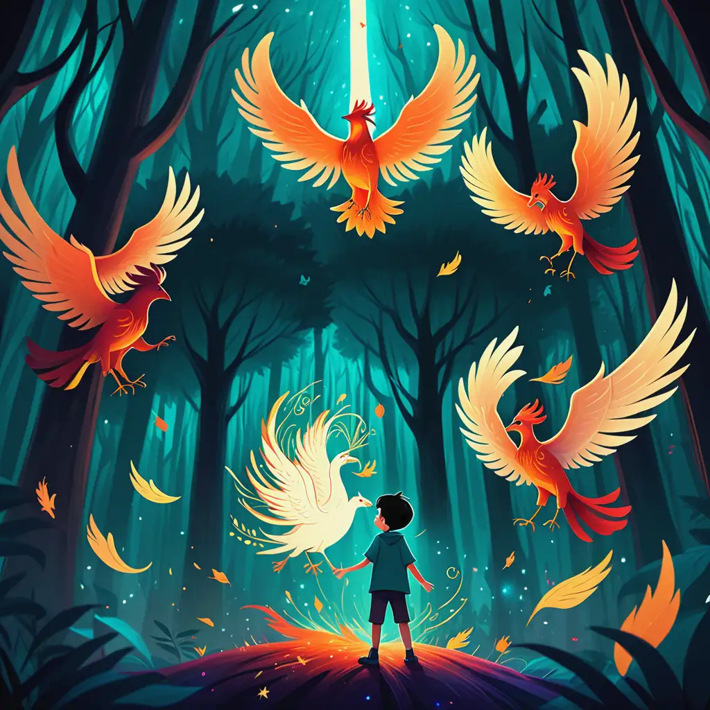 Draw a magical forest. There is a dark-haired boy in the background and phoenixes flying above him.