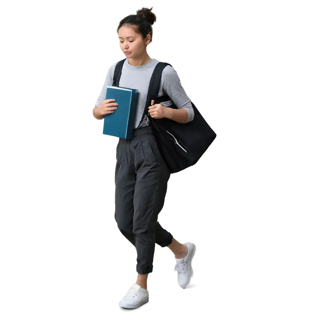 student full body, walking, books in hand