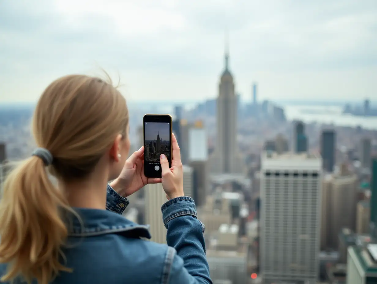 Young-Blonde-Woman-Admiring-Cityscape-on-Mobile-Phone