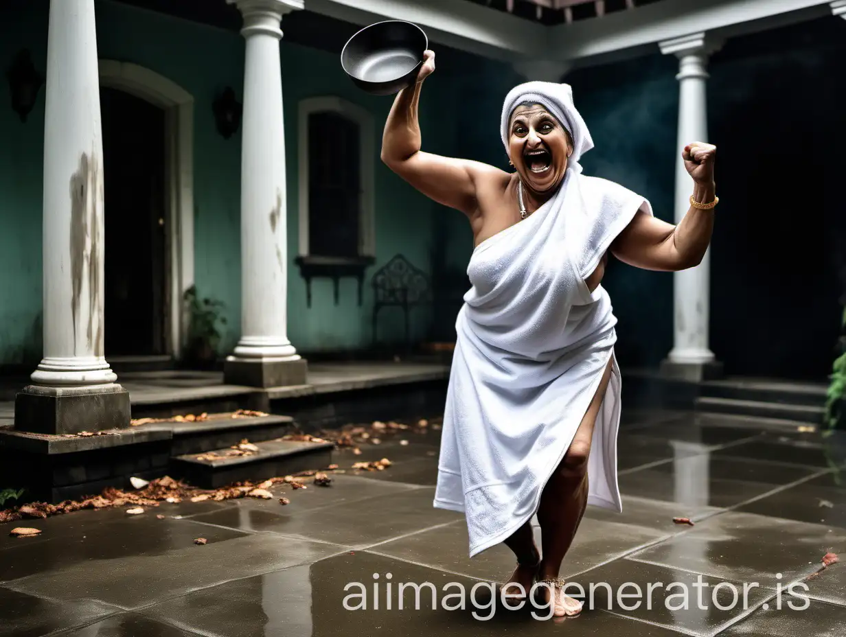 Cheerful-Indian-Woman-Dancing-with-Frying-Pan-at-Haunted-Mansion