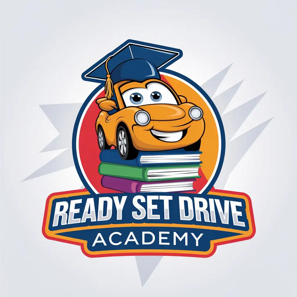 LOGO Design for Ready Set Drive Academy Cartoonish Car with Graduation Cap Above Books in Blue Orange Yellow