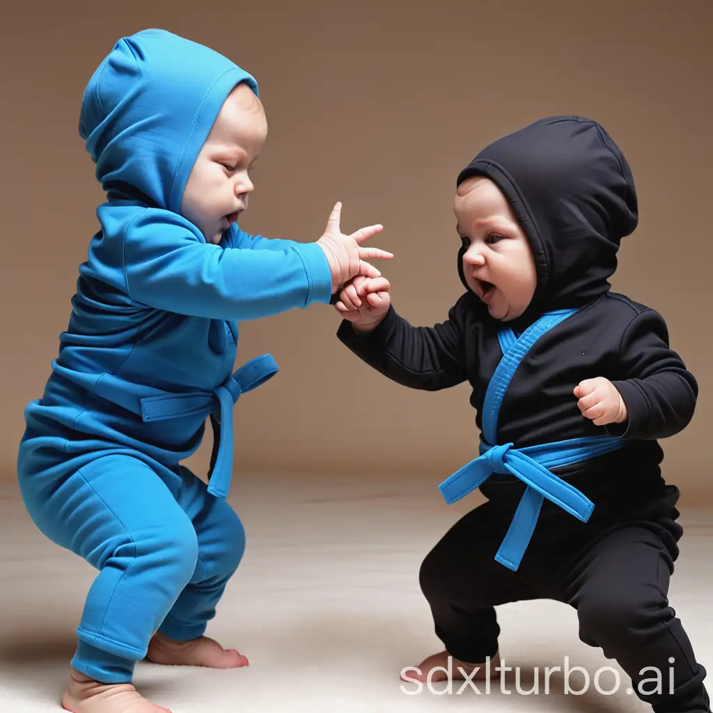 2 babies in blue and black clothes are fighting