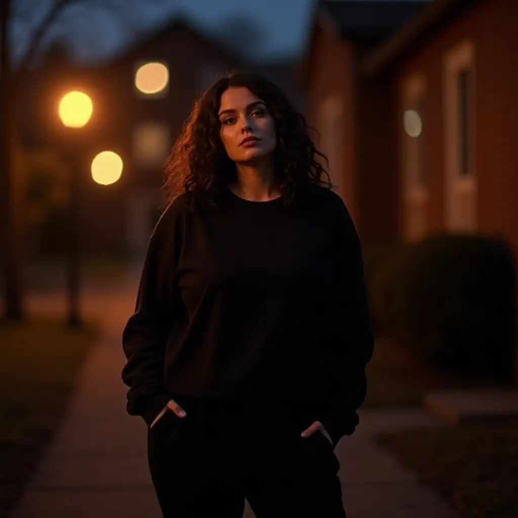 portrait of curvy woman in plain black sweatshirt and sweatpants; warm bright aesthetic; full body; halloween season; spooky aesthetic; outside night time