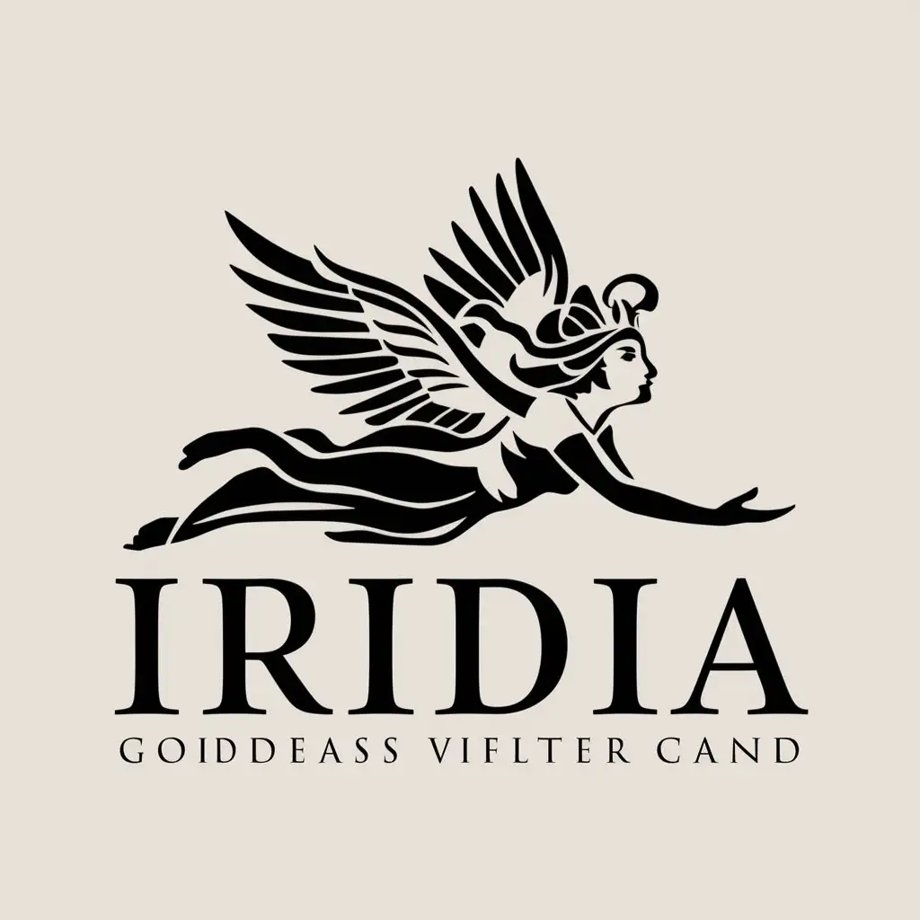 a vector logo design,with the text "Iridia", main symbol:Goddess Iris. flying from right to left,Moderate,clear background