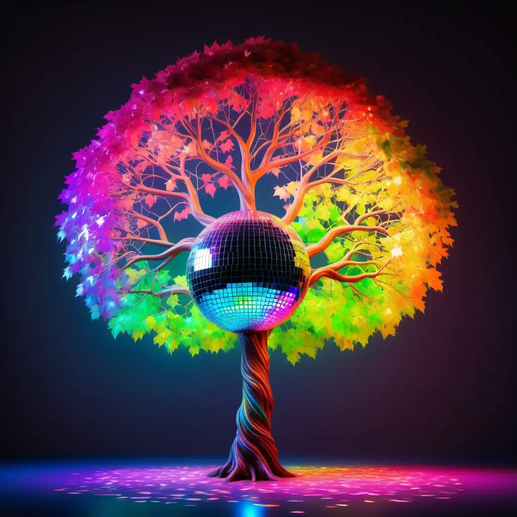 Neon Tree with Giant Disco Ball in Rainbow Reflections