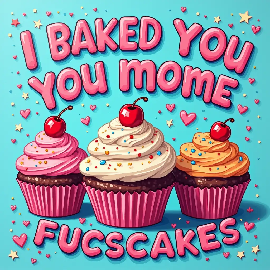 Vector, Oil painting Art. Create a vibrant, cupcake-themed graphic with the text 'I BAKED YOU SOME SHUT THE FUCUPCAKES' in bold, contrasting colors. The graphic should feature a variety of colorful cupcakes with different frosting flavors and decorations. The background should be a light blue with a playful pattern of hearts, stars, and other whimsical elements. The overall style should be fun and energetic, with a touch of sassiness.