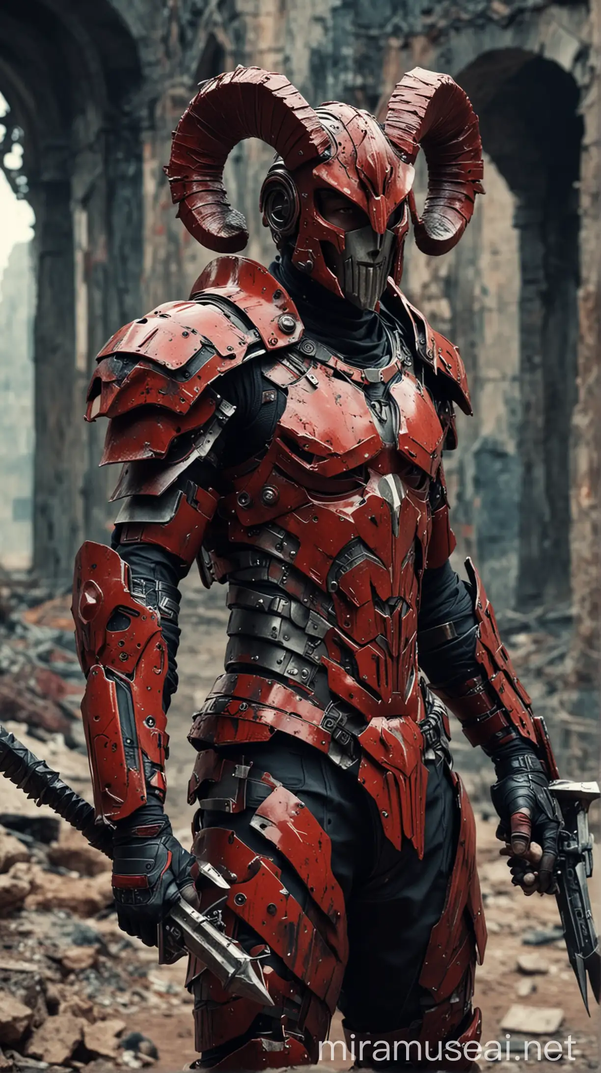 Futuristic Aries Warrior in Red Armor with Spear