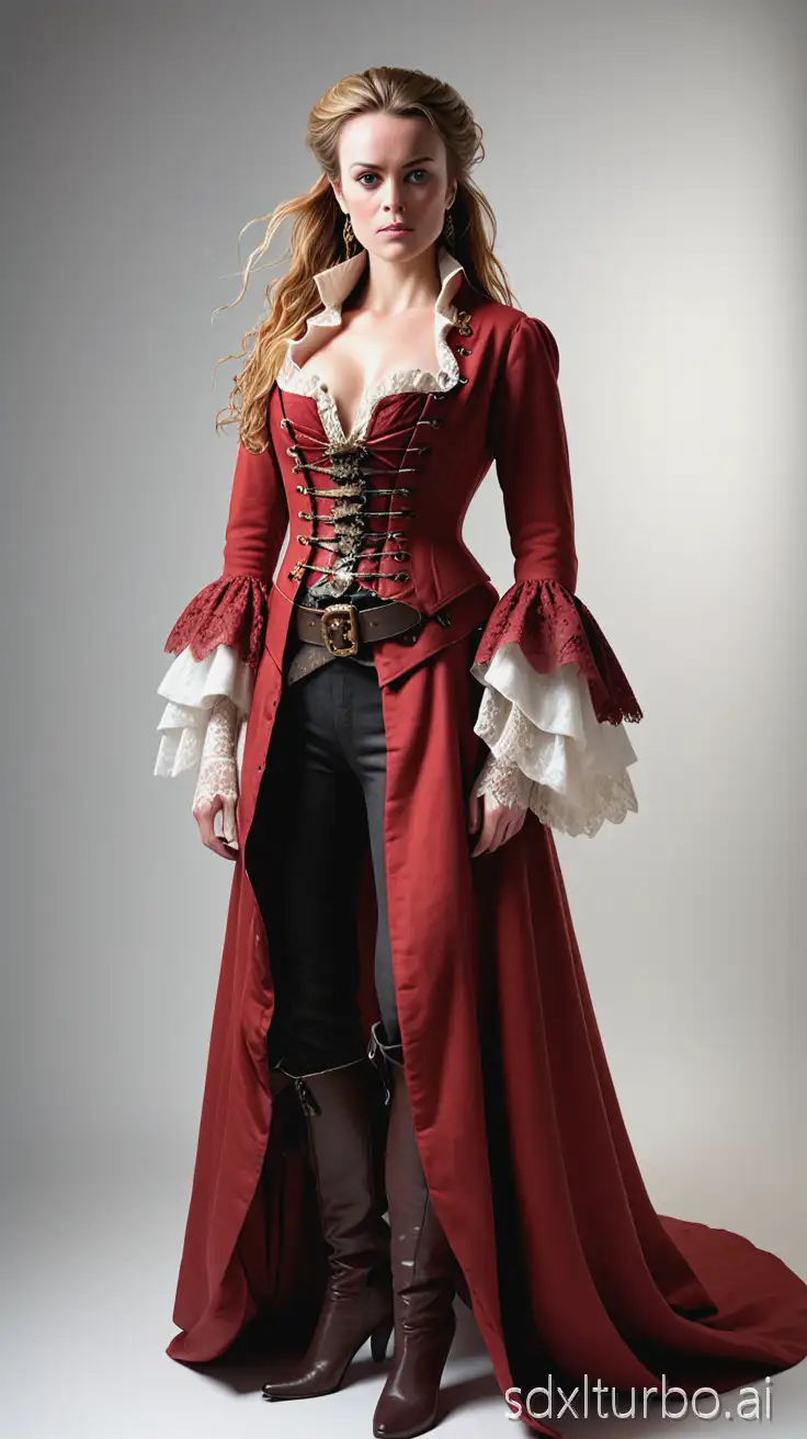 On a white background is a elizabeth swann with her red gown full body portrait of a regal pirate woman inspired by Elizabeth Swann from Pirates of the Caribbean, wearing an elaborate 18th-century pirate outfit with corset, red long flowing coat, lace cuffs, and belt , standing confidently, realistic lighting, cinematic detail, white studio background, ultra-detailed, high-resolution, elegant pose, natural facial expression, soft shadows, photorealistic style. the image must be from head to toe.