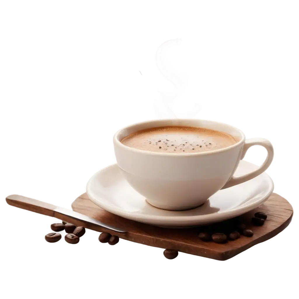 A realistic and detailed coffee cup placed on a rustic wooden table. The cup is ceramic, white with a subtle floral design, and filled with steaming coffee. The steam forms soft, swirling patterns rising into the air. The table is adorned with scattered coffee beans, a folded linen napkin, and a small spoon. The background is softly blurred, depicting a cozy café ambiance with warm lighting and shelves of books and plants.