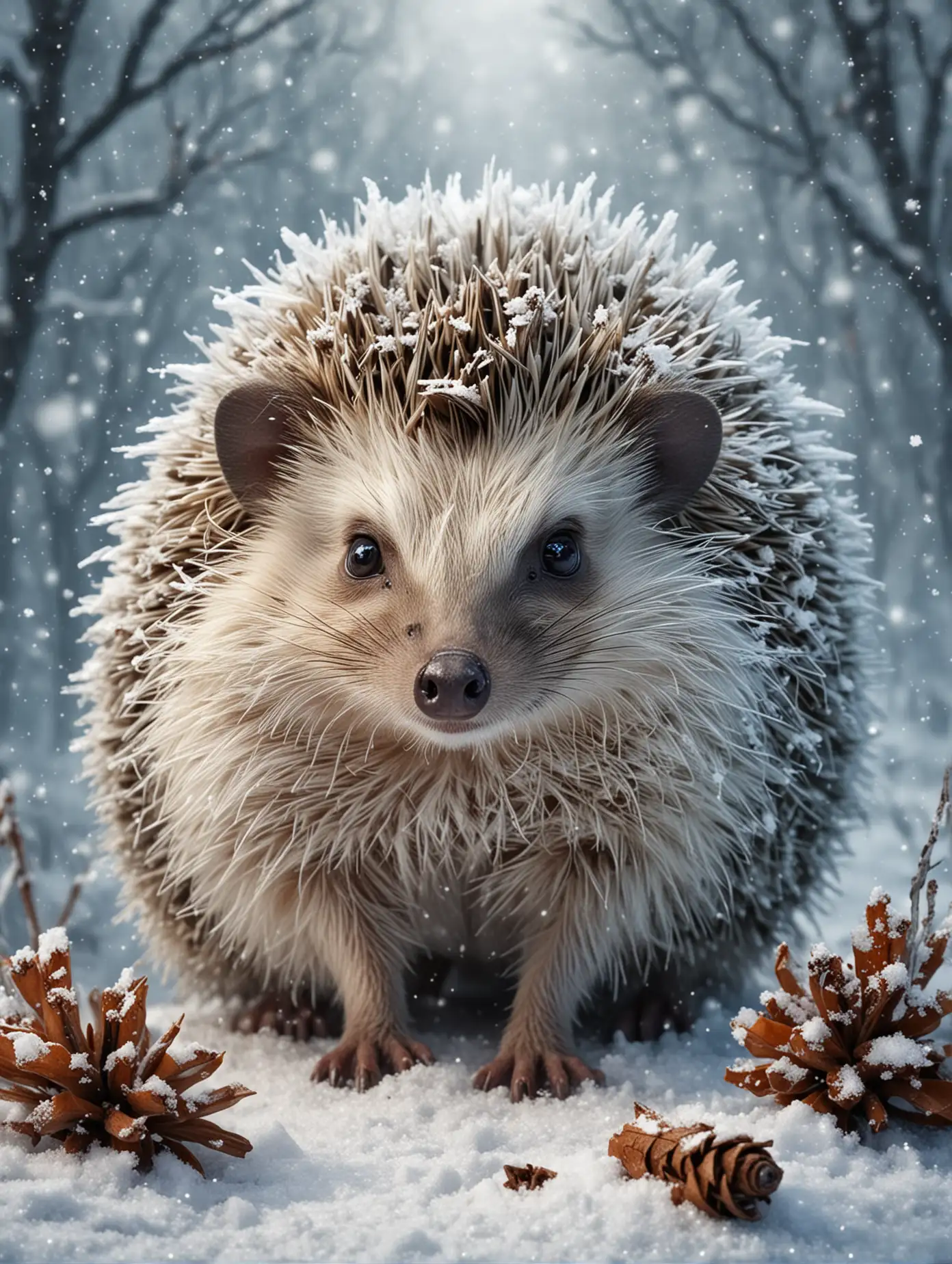 hedgehog in winter colors, new year, magic, snow, detailed drawing