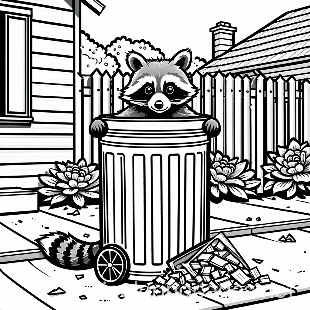 Raccoon-Coloring-Page-Black-and-White-Line-Art-of-Raccoon-by-Trash-Can