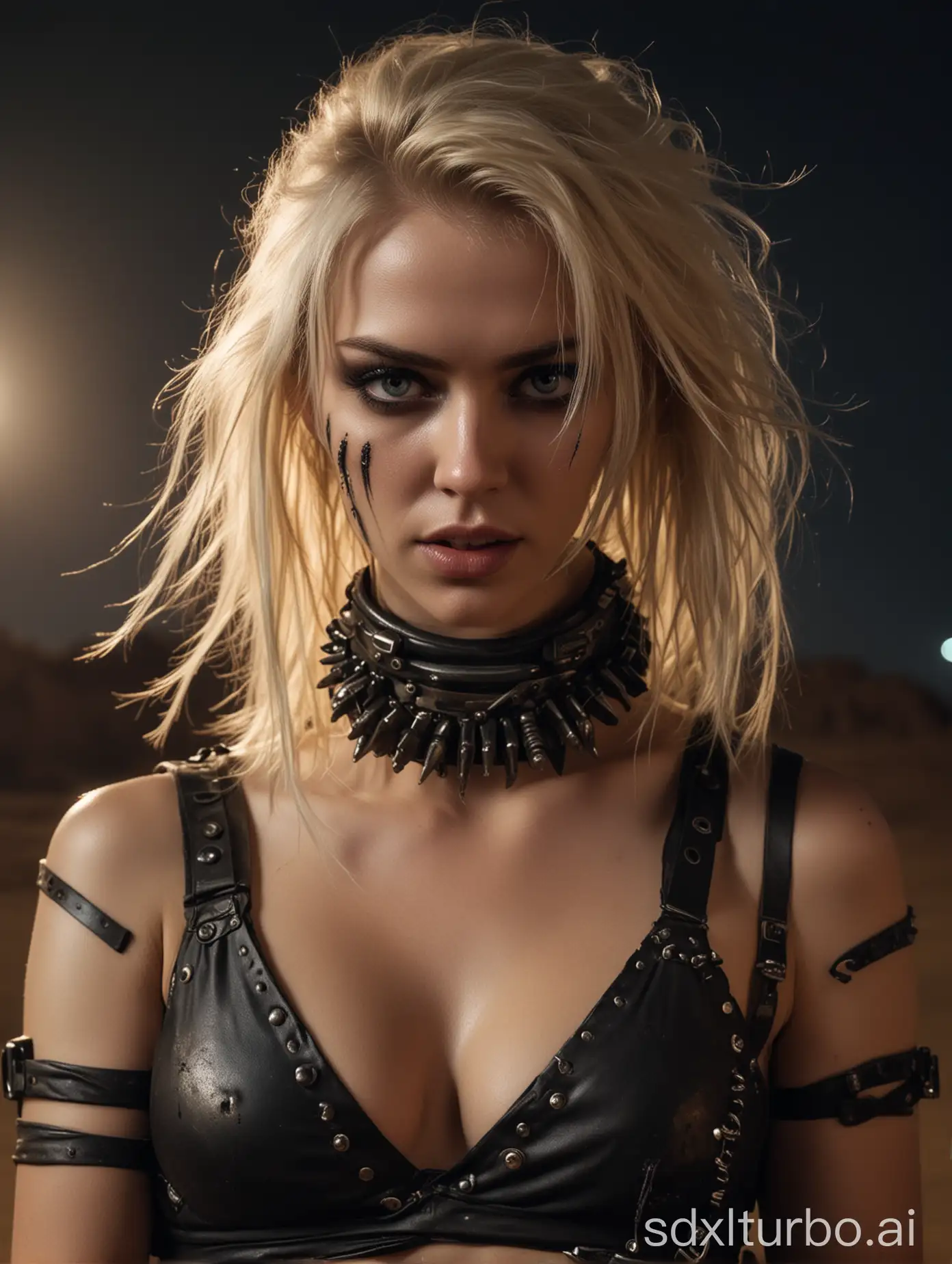 pretty blonde white-skinned girl in the style of mad max in the desert at night