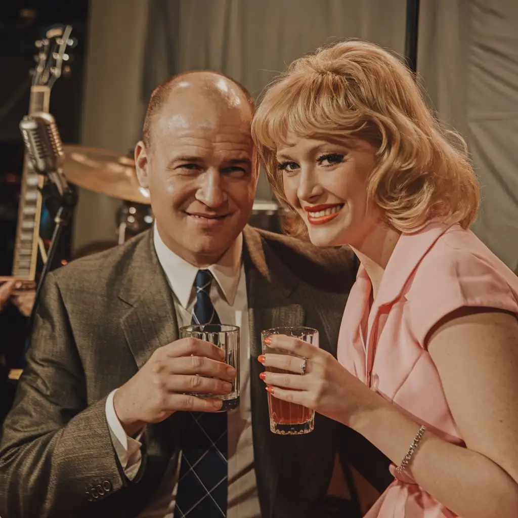 Stylish-Couple-in-60s-Fashion-with-Drinks-Portrait-of-Happy-Folk-Music-Artists