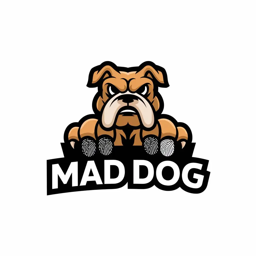 LOGO-Design-for-Mad-Dog-Realistic-Cartoon-Bulldog-with-Fingerprint-Paws-on-Black-Background