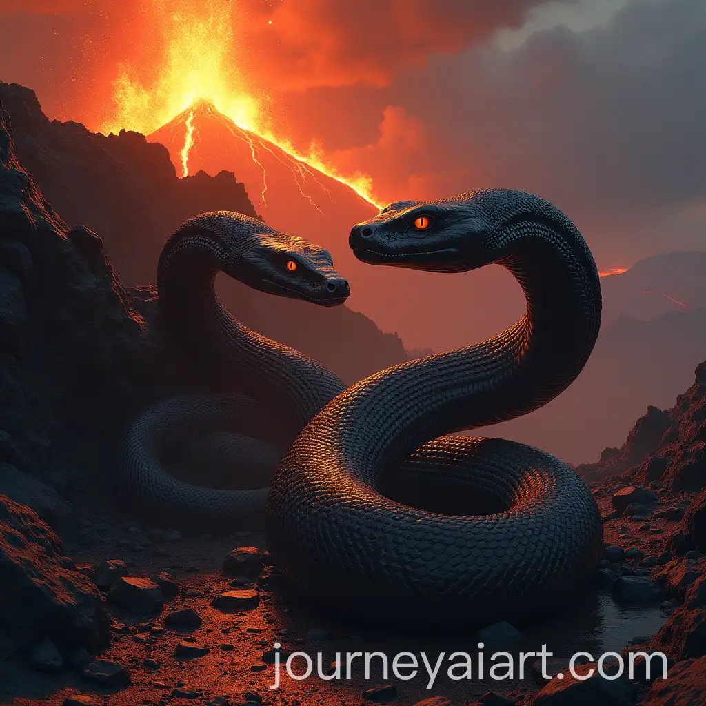 Two-Black-Anaconda-Snakes-Slithering-Down-Erupting-Volcano