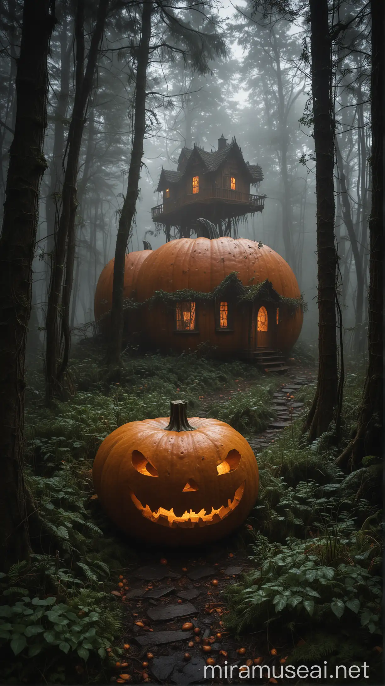 Enchanted Pumpkin House Illuminated in Dark Forest