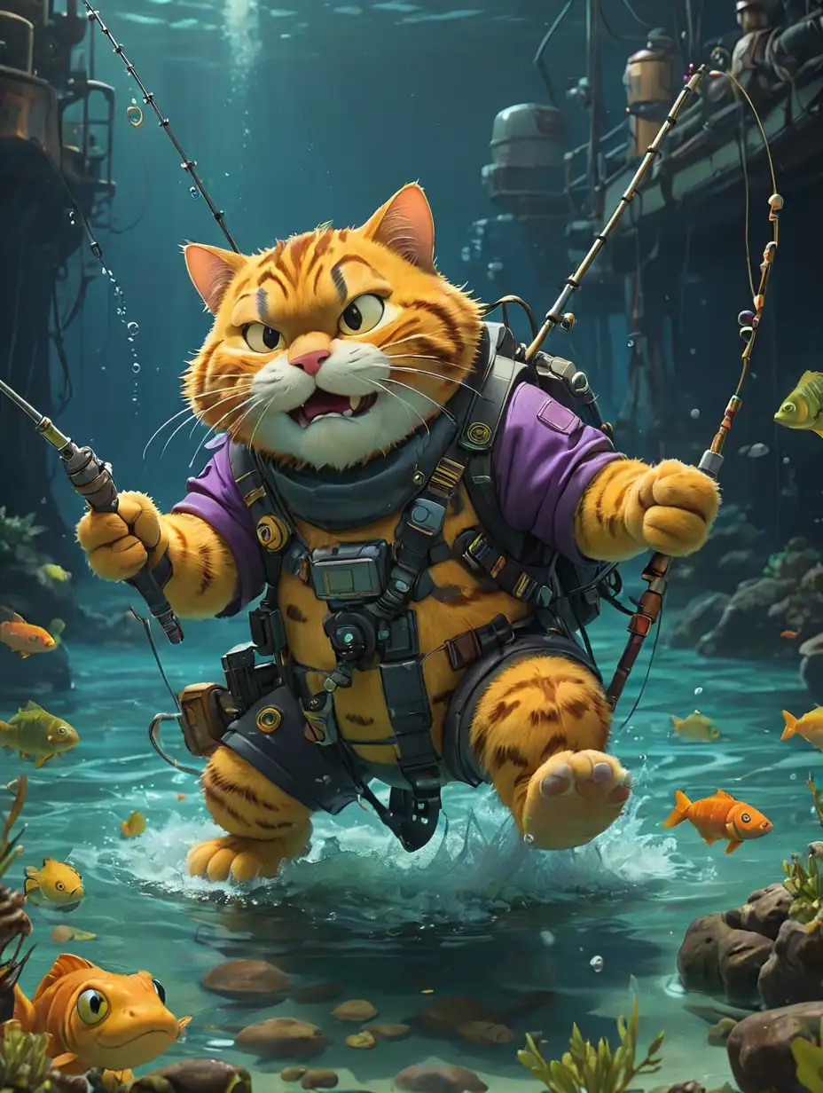 Cyberpunk-Scene-with-Garfield-Swimming-and-Fishing-in-the-Sea