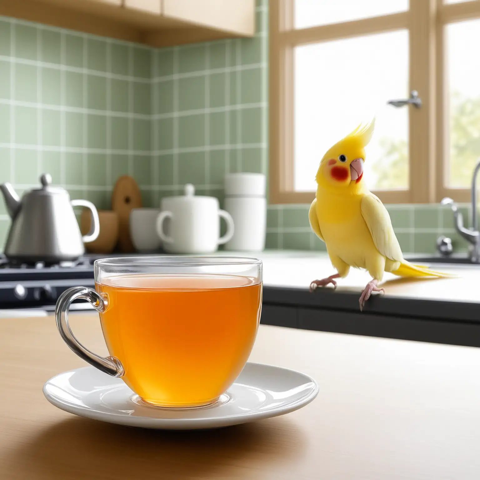 Kitchen Table Scene with Cup of Tea and Cockatiel in Background