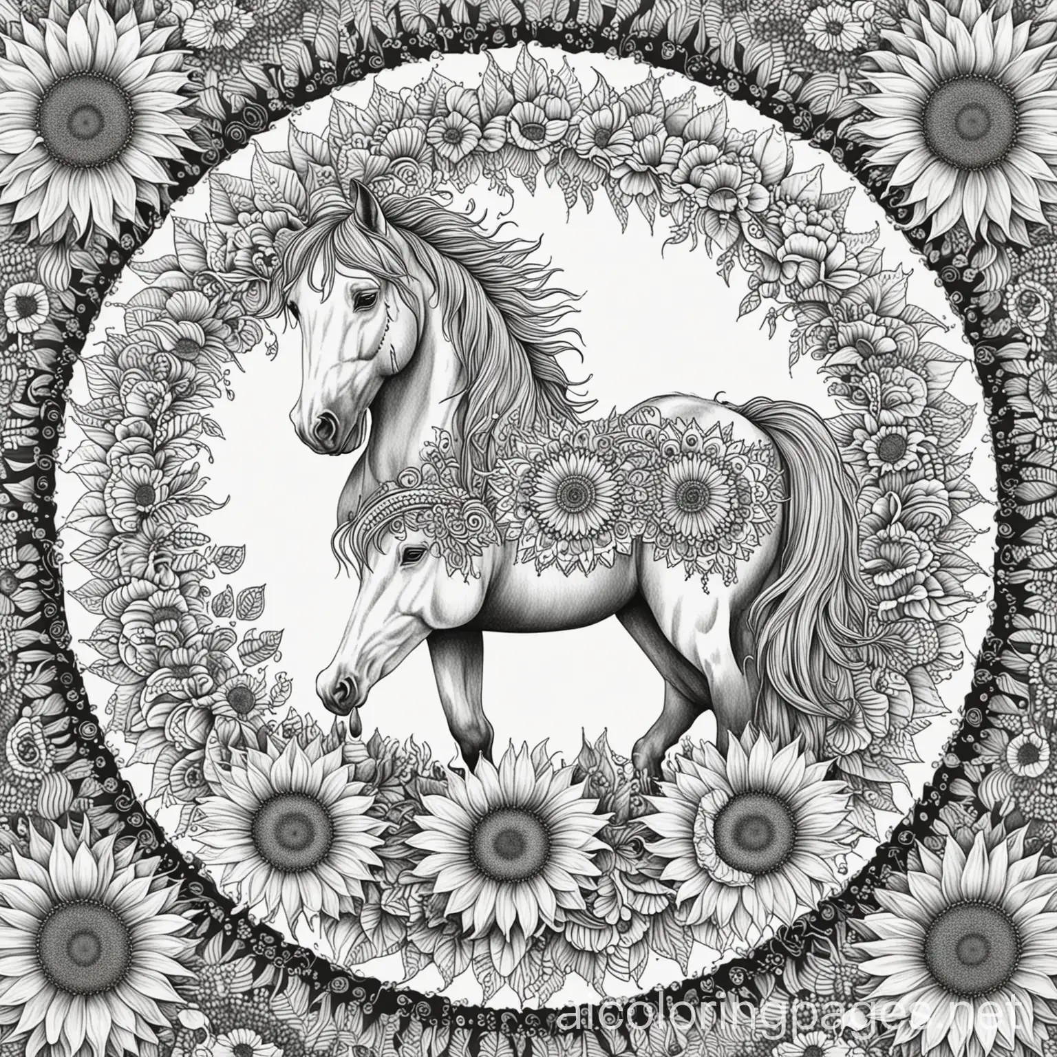 Large-Mandala-Horse-in-Sunflower-Garden-Coloring-Page