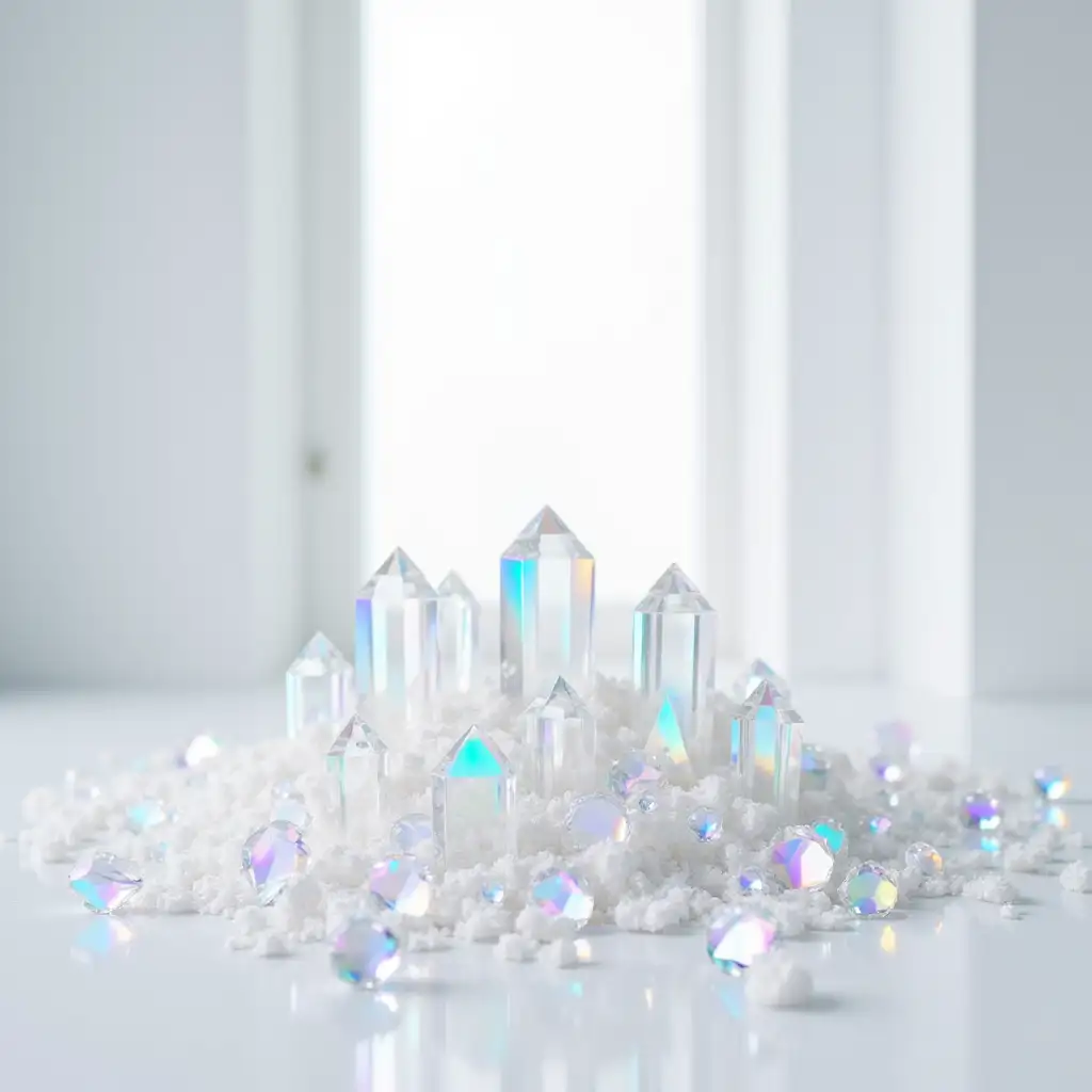 large sparkling iridescent crystals in a bright white room