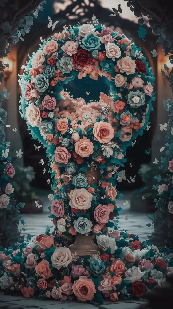Wide, dramatic shot of a secret garden cascade paper rose bouquet, overflowing from a pedestal vase. The bouquet is a large, cascading arrangement featuring a variety of paper roses in different styles and colors, interspersed with paper greenery, tiny paper butterflies, and hidden paper gems. The bouquet appears to spill out of the vase, creating a waterfall of paper flowers. The setting is a whimsical, enchanted garden at twilight, with soft, magical lighting. Style: whimsical, cascading, secret garden, magical, twilight, detailed