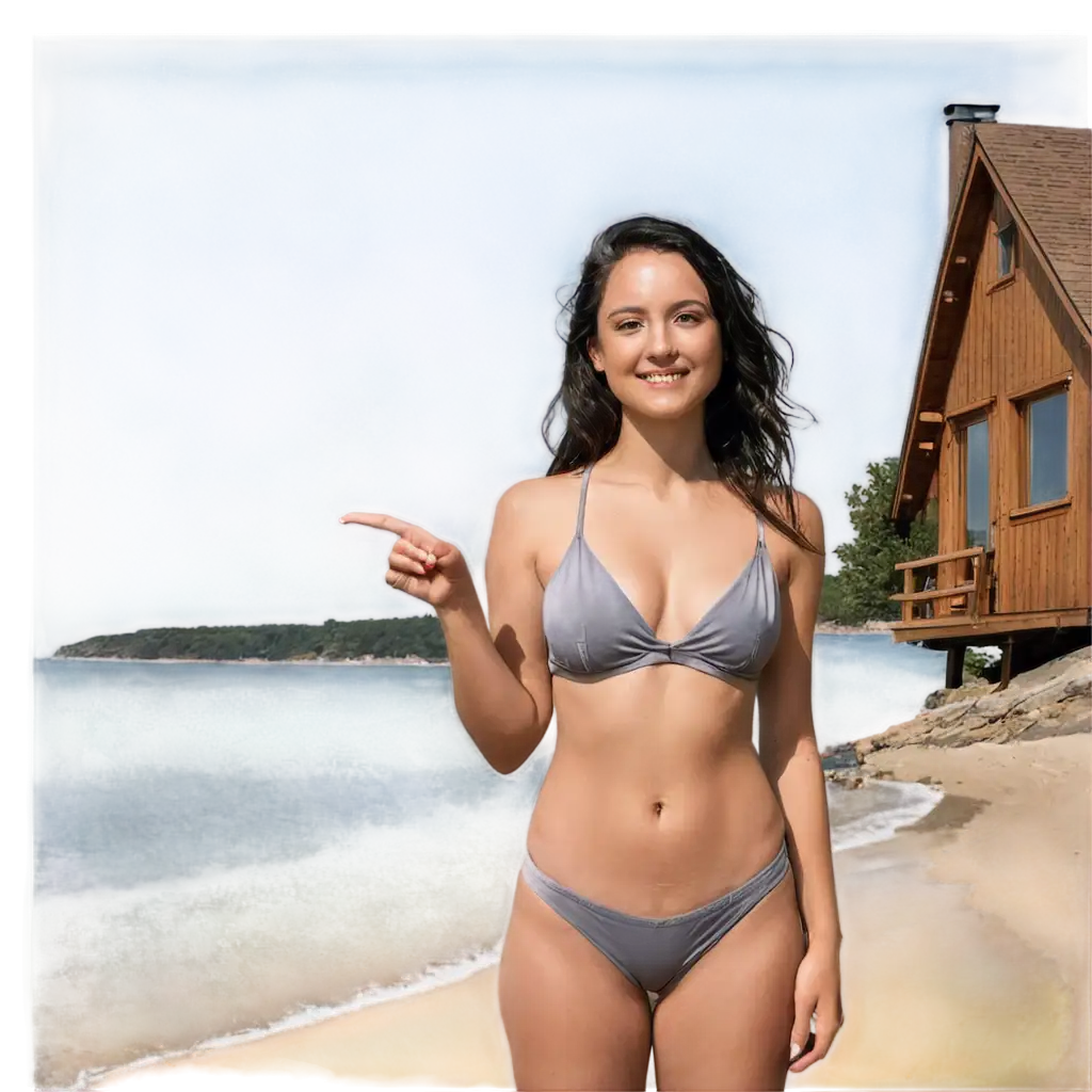 PNG-Image-Young-Woman-in-Bikini-Pointing-to-Romantic-Cabin-at-Waveless-Beach