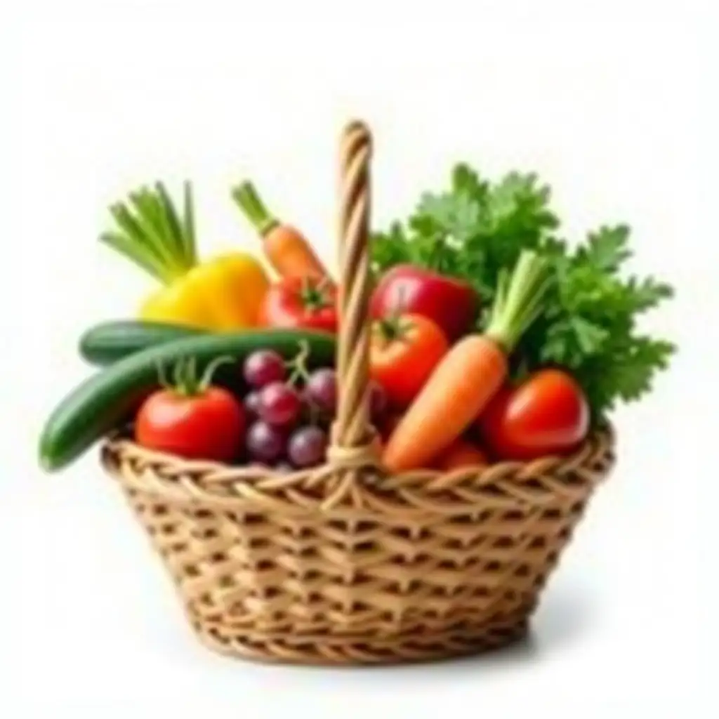 Create an image of a basket filled with 10 fresh vegetables and fruits arranged beautifully on a white background. The basket should be woven with natural textures, and the produce should include a vibrant mix of colorful items like tomatoes, carrots, apples, grapes, cucumbers, and leafy greens. The white background should highlight the vivid colors, and the texture of the basket and produce should create a warm, inviting atmosphere.