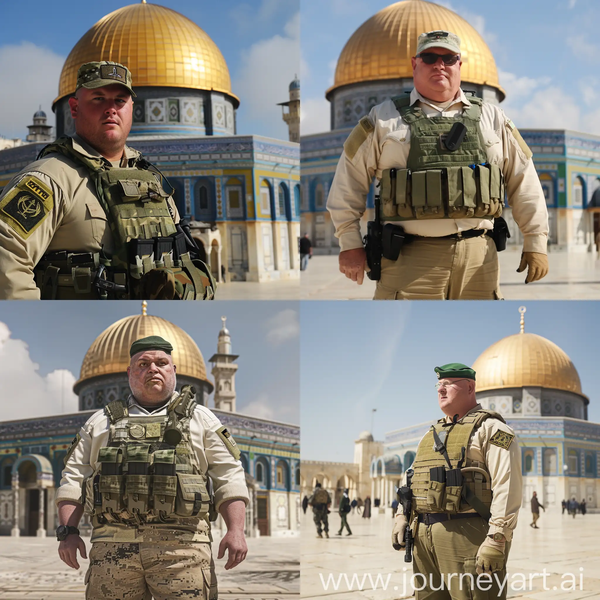 Obese-Soldier-in-Military-Uniform-with-Dome-of-the-Rock-Mosque-in-Palestine