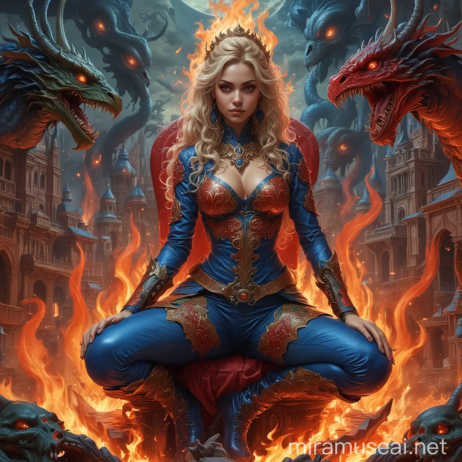 Demonic Sorceress with Fiery Dragons in Alien Palace