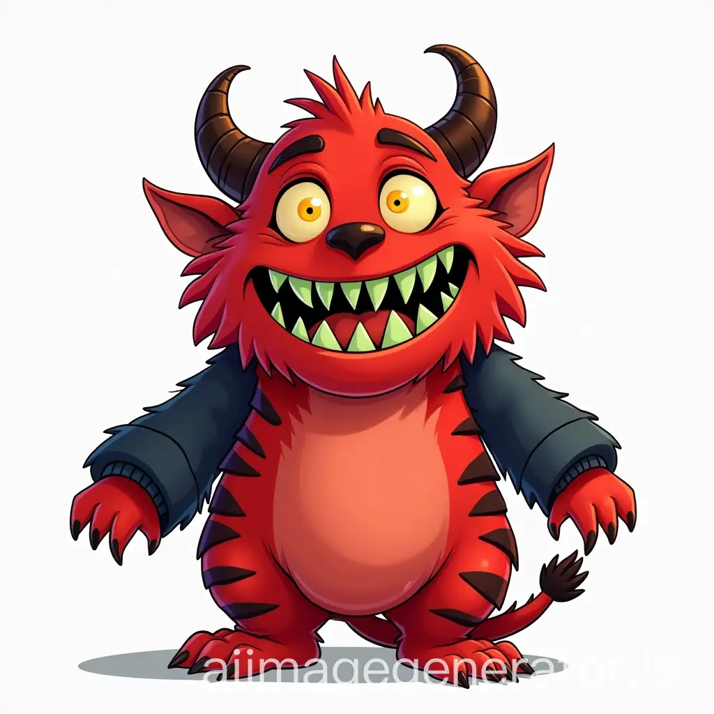 an image of a nice monster in the animation style of the movie 'hotel Transylvanie'. the monster is red color, dark blue arms, demon horns, tiger paws, triangular yellow eyes and green mouth with round teeth, all in a drawing style