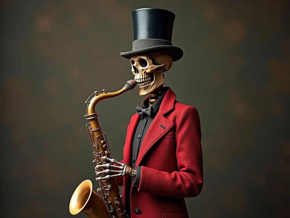 Create a high-resolution, realistic image of a robot with a skeleton body, red porcelain hands and head, a sweater, a Steampunk top hat, and a saxophone standing in 4K resolution (Steampunk 8K quality)